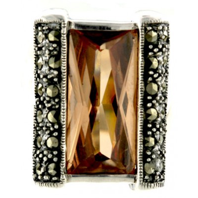 Marcasite Ring Rectangular Champagne Cubic Zirconia with Pave Marcasite both Side