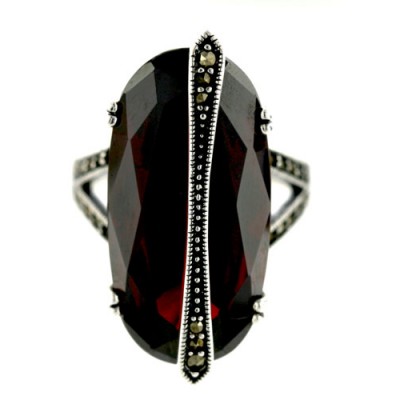 Marcasite Ring 28X14mm Long Oval Garnet Cubic Zirconia with Marcasite Vertical Lin
