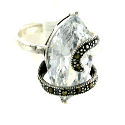 Marcasite Ring 20X10mm Marquis Clear Cubic Zirconia with Marcasite Swirl Lines B