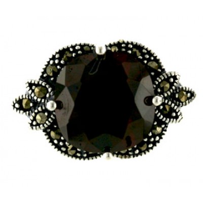 Marcasite Ring 13X13mm Cushion Black Cubic Zirconia with 3 Marcasite Marquis Bot