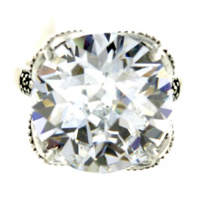 Marcasite Ring 18mm Chess Cut Round Clear Cubic Zirconia with Grainy Open