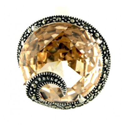 Marcasite Ring 18mm Round Champagne Cubic Zirconia with Marcasite Swirl