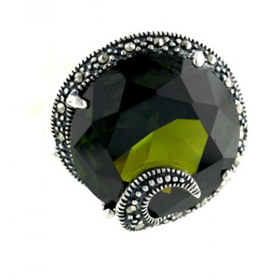 Marcasite Ring 18mm Round Olivine Cubic Zirconia with Marcasite Swirl