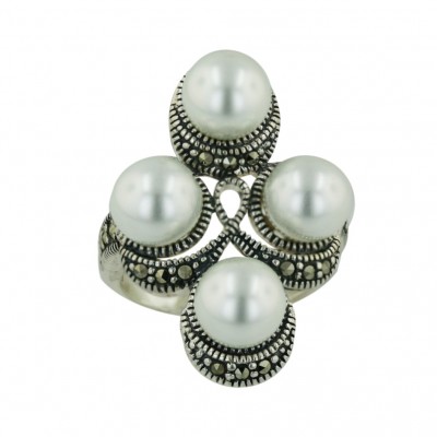 Marcasite Ring 4Pcs 8mm White Faux Glass Pearl with Swiss Cu