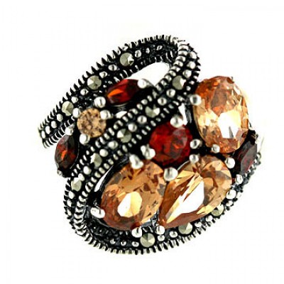 Marcasite Ring 'S' with Mix Shape Garnet +Champagne Cubic Zirconia