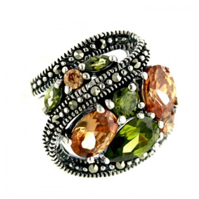 Marcasite Ring 'S' with Mix Shape Olivine+Champagne Cubic Zirconia