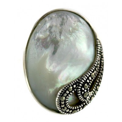 Marcasite Ring 23X18mm Oval White Mother of Pearl with Double Open Marcasite Drop - 9