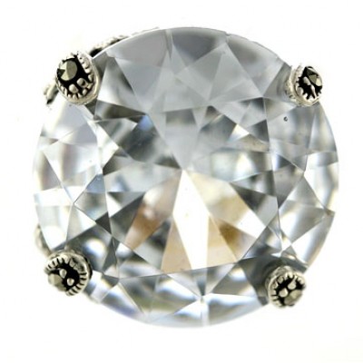 Marcasite Ring 20mm Round Clear Cubic Zirconia with Open Flower Motif Sided