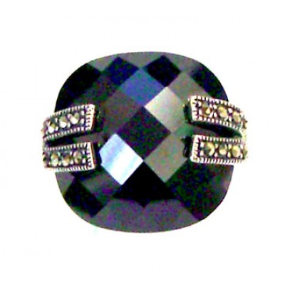 Marcasite Ring 24X24mm Chess Cut Ame Cubic Zirconia Dome with Marcasite 'V' Bo