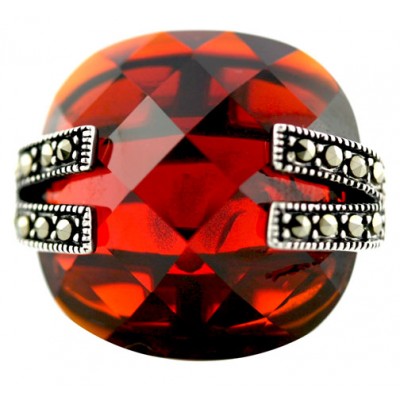 Marcasite Ring 24X24mm Chess Cut Garnet Cubic Zirconia Dome with Marcasite 'V' Bot