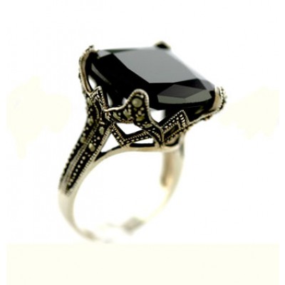 Marcasite Ring 19X19mm Cushion Black Cubic Zirconia with Marcasite 'V' Lines Sid