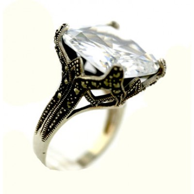 Marcasite Ring 19X19mm Cushion Clear Cubic Zirconia with Marcasite 'V' Lines Sid