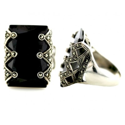 Marcasite Ring 25X16mm Rectangular Black Cubic Zirconia with Zig-Zag Marcasite Lines Bo