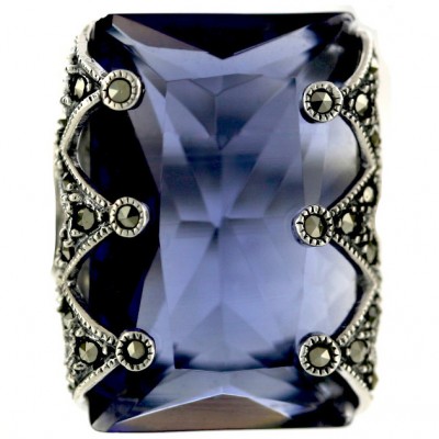 Marcasite Ring 25X16mm Rectangular Tanzanite Cubic Zirconia with Zig-Zag Marcasite Li