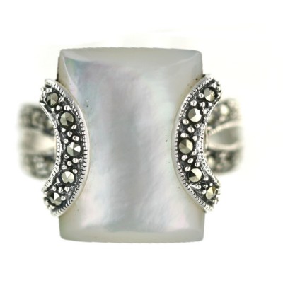 Marcasite Ring 20X15mm White Mother of Pearl Rectangular Cabochon with Marcasite "C"