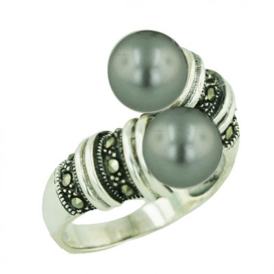 Marcasite Ring Oppositive 8mm Gray Faux Pearl with Marcasite both Side