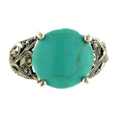 Marcasite Ring 15mm Round Cabochon Faux Turquoise with Flower Motif