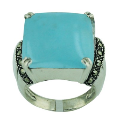 Marcasite Ring 18X18mm Square Faux Turquoise with Marcasite Lines both Side