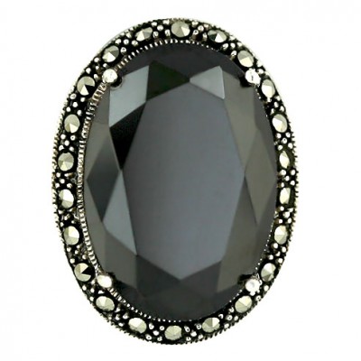 Marcasite Ring 23X16mm Oval Black Cubic Zirconia with Marcasite Around