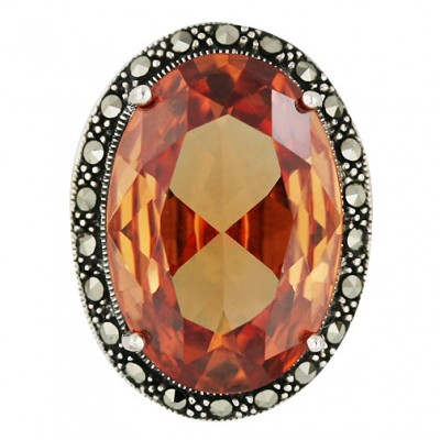 Marcasite Ring 23X16mm Oval Champagne Cubic Zirconia with Marcasite Around