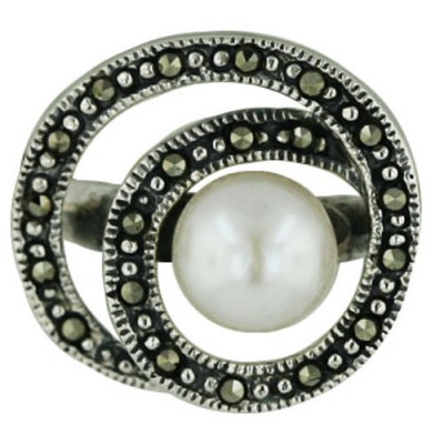 Marcasite Ring 8mm White Fresh Water Pearl with Pave Marcasite Swirl Around - 8