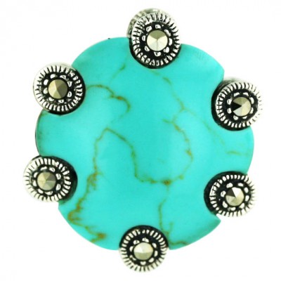 Marcasite Ring (W=21mm) Round Faux Turquoise with 6 Marcasite Prongs