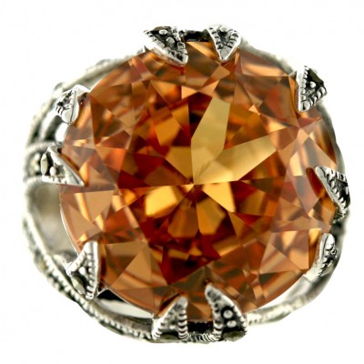 Marcasite Ring 20mm Round Champagne Cubic Zirconia with Marcasite Lines
