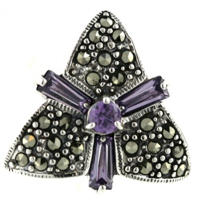 Marcasite Ring 3 Pave Marcasite Rhombus with 3 Ame Cubic Zirconia Baguette