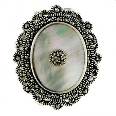 Marcasite Ring Oval White Mother of Pearl with Marcasite Ctr+Flowery Sided - 6