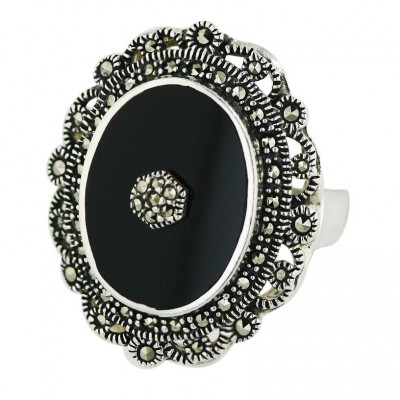Marcasite Ring Oval Onyx with Marcasite Ctr+Flowery Sided