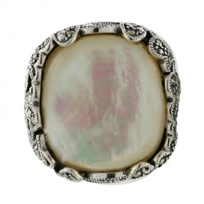 Marcasite Ring 19X17mm Cabochon White Mother of Pearl with Marcasite Flower Moti