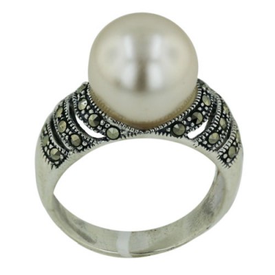 Marcasite Ring 12mm White Faux Pearl with Open Marcasite Lines Bot