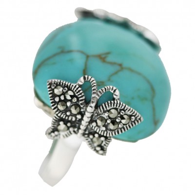Marcasite Ring 24X24mm Cushion Faux Turquoise with Marcasite Butterfly Bo