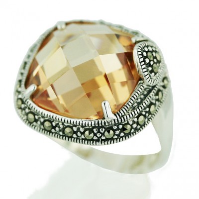 Marcasite Ring (Mcm) Chess Cut Champagne Cubic Zirconia Cushion Dome with Marcasite T