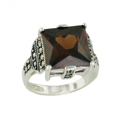 Marcasite Ring 12X12mm Square Coffee Cubic Zirconia (1M-3470Co)