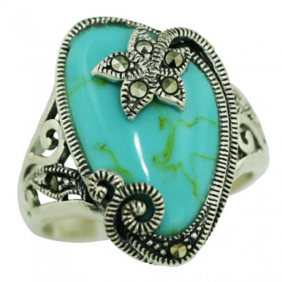 Marcasite Ring Irreg.Shape Faux Turquoise with Marcasite Flower Top