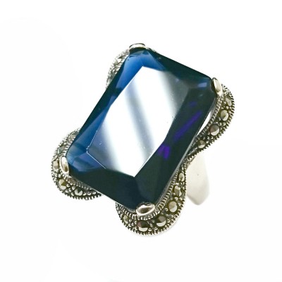 Marcasite Ring 23X16mm Rectangular Sapphire Cubic Zirconia with Marcasite Lines