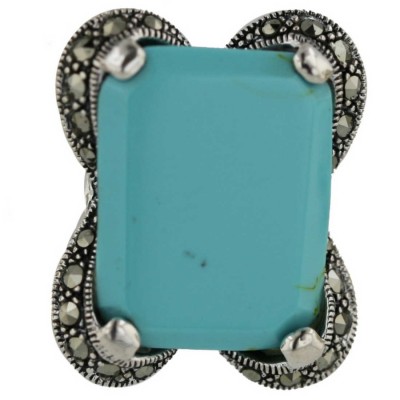 Marcasite Ring 23X16mm Rectangular Faux Turquoise with Marcasite Lines