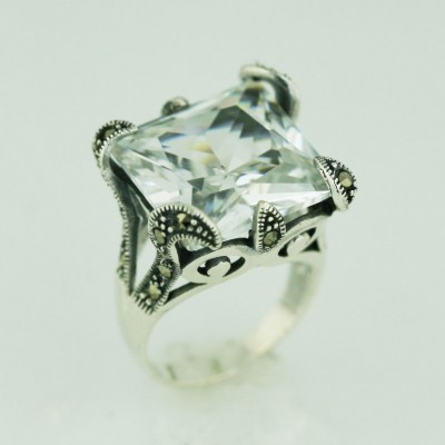 Marcasite Ring 17X17mm Square Clear Cubic Zirconia with Swirl Lines