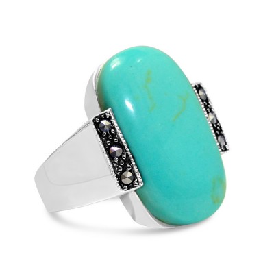 Marcasite Ring 24X16mm Cabochon Faux Turquoise with Marcasite Oxidized Ro