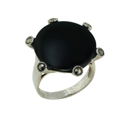 Marcasite Ring 19mm Round Onyx+6 Marcasite Prongs - 8
