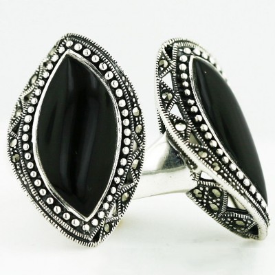 Marcasite Ring 35X27mm Onyx Marquis Slope
