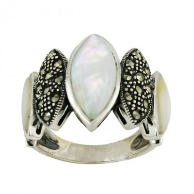 Marcasite Ring 5 Pave Marcasite+Cabochon White Mother of Pearl Marquis