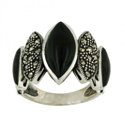 Marcasite Ring 5 Pave Marcasite+Cabochon Onyx Marquis