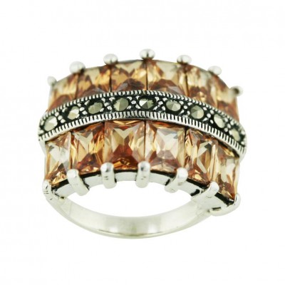 Marcasite Ring 12Pcs Rectangular (6X4mm) Champagne Cubic Zirconia Marcasite Lines Ctr