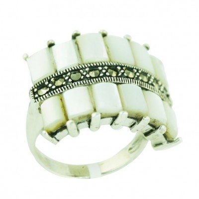 Marcasite Ring 12Pcs Rectangular (6X4mm) White Mother of Pearl Marcasite Lines Ctr