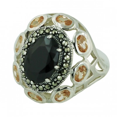 Marcasite Ring 13X9mm Oval Black Cubic Zirconia Ctr+5X3mm (8Pcs) Champagne Cubic Zirconia - 9