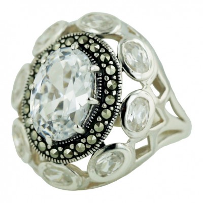 Marcasite Ring 13X9mm Oval Clear Cubic Zirconia Ctr+5X3mm (8Pcs) Clear Cubic Zirconia