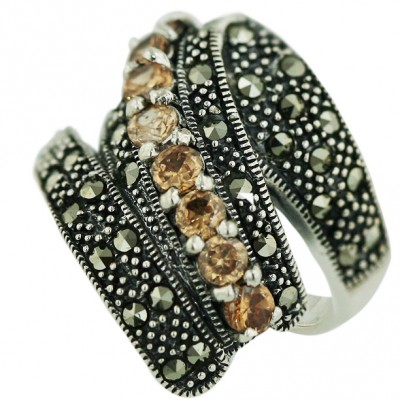Marcasite Ring Zig-Zag Marcasite+Champagne Cubic Zirconia Lines