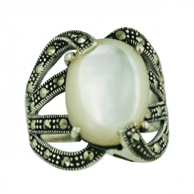 Marcasite Ring Cabochon White Mother of Pearl with Marcasite Cubic Zirconia Lines Aside
